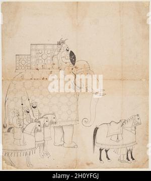 Eine Zeichnung von Caparisoned Elefanten und Pferde, C. 1760. Indien, Jammu. Miniatur: 41 x 36,2 cm (16 1/8 x 14 1/4 in.). Stockfoto