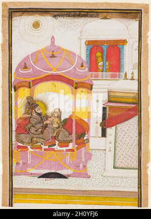 Maharana Bhim Singh von Mewar (r. 1778–1828) mit einem Consort, c. 1810. Chokha zugeschrieben (Inder, 1770-1830). Gummi-Tempera, Silber und Gold auf Papier; Miniatur: 24.8 x 15.9 cm (9 3/4 x 6 1/4 Zoll). Die Gemahlin faltet ihre Hände in Hingabe an den Maharana, dessen Ruhm mit einem Heiligenschein hinter seinem Kopf hervorgehoben wird. Der Maharana hält liebevoll das Kinn seiner Paramour und scheint dabei zu sein, ihr eine Girlande um den Hals zu legen. Einer der berühmtesten Künstler in der Geschichte der Malerei in Mewar, Chokha hat das Paar in einer Überfülle von Bolstern eingebettet, ihre Kammer mit rosa f bedeckt Stockfoto