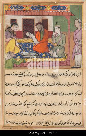 Die Ehe von ‘Ubaid, Sohn eines Kaufmanns von Tirmiz, aus einem Tuti-Nama (Geschichten von einem Papagei): 42. Nacht, c. 1560. Mughal Indien, Gericht von Akbar (regierte 1556–1605). Gummi-Tempera, Tinte und Gold auf Papier; insgesamt: 20.3 x 14 cm (8 x 5 1/2 Zoll); nur Malerei: 8.9 x 10.1 cm (3 1/2 x 4 Zoll). Der junge ‘Ubaid, grün gekleidet, sitzt gegenüber seiner neuen Frau auf einem blau-goldenen Arabesken Teppich. ‘Ubaid ist so verliebt in die Schönheit seiner Braut, dass er beginnt, seine regulären Pflichten zu vernachlässigen. Sein besorgter Vater konsultiert einen sprechenden Papagei und Myna-Vogel um Rat, wie er die exzessive Devo seines Sohnes zurückhalten kann Stockfoto