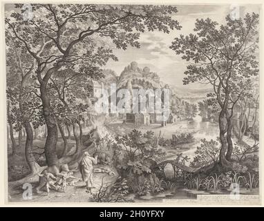 Elischa verflucht die Kinder von Bethel, die von den Bären verschlungen werden, 1602. Gillis van Coninxloo (Niederlandisch, 1544-1607), Nicolaes de Bruyn (Niederlandisch, 1571-1656). Gravur; Blatt: 47.4 x 59.9 cm (18 11/16 x 23 9/16 Zoll); Plattenmark: 46.5 x 58.7 cm (18 5/16 x 23 1/8 Zoll). Die lateinische Inschrift in der unteren Ecke des Drucks zitiert Kapitel zwei des Zweiten Buches der Könige (2 Könige 2:23-24), als der hebräische Prophet Elischa auf die Kinder der Stadt Bethel kam, die ihn wegen seiner Glatze verspotteten. Im Namen des Herrn verfluchte Elischa die Kinder und alle 42 wurden von zwei She-b getötet Stockfoto