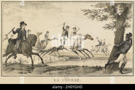 Racing Szenen: Das Rennen (scènes Hippiques: La natürlich). Carle Vernet (Frankreich, 1758-1836), Gravure en Noir a l'aquatinte par Jazet, veröffentlicht durch Jazet und Aumont. Lithographie; Blatt: 9,1 x 14,1 cm (3 9/16 x 5 9/16 in.); Bild: 6,6 x 10,9 cm (2 5/8 x 4 5/16 in.). Stockfoto