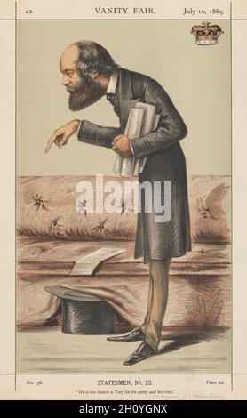 Veröffentlicht in Vanity Fair 10. Juli 1869: Vanity Fair: Staatsmann, Nr. 23 "Er ist zu ehrlich eine Tory für seine Partei und Zeit", 1869. Carlo (Ape) Pellegrini (Italienisch, 1839-1889), Vanity Fair. (Boston: Frame Central, 1992.) S. 1, 10. Juli 1869, S. Nr. 23. Farblithographie; Blatt: 35.7 x 22.8 cm (14 1/16 x 9 Zoll); Bild: 30.5 x 18.6 cm (12 x 7 5/16 Zoll). Stockfoto