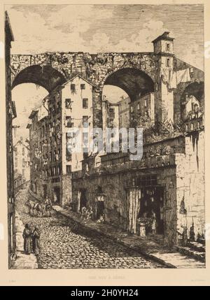 Eine Straße in Genua (Une rue à Gênes), 1878. Gabrielle-Marie Niel (Französisch, 1840-1894), gedruckt von E.Delarue. Ätzen; Blatt: 37,9 x 27,3 cm (14 15/16 x 10 3/4 in.); Bild: 29,6 x 22 cm (11 5/8 x 8 11/16 in.). Stockfoto