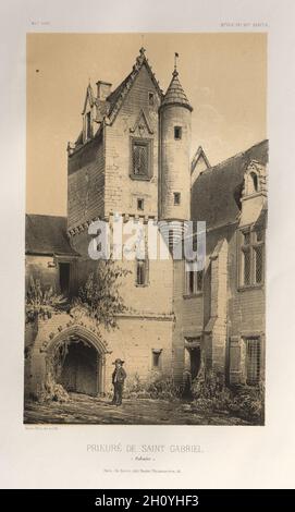 Architektur Pittoresque ou Denkmäler des XVeme. Et XVIeme. Siecles: Chateaux de France des XV Siecles et XVI: Pl. 46, Prieuré de Saint Gabriel (Calvados), 1860. Victor Petit (Französisch, 1817-1874), Charles Boivin (Herausgeber); Lith de Godard ein Paris (Drucker). Lithographie mit Tönung Stein, aus dem Portfolio von 100 Lithographien mit Tönung Stein; Blatt: 35,8 x 27,5 cm (14 1/8 x 10 13/16 in.); Bild: 22,7 x 14 cm (8 15/16 x 5 1/2 in.). Stockfoto