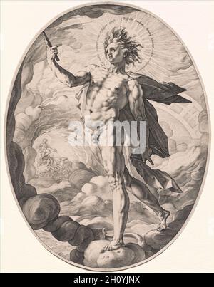 Apollo, 1588. Hendrick Goltzius (Niederländisch, 1558–1617). Gravur; Blatt: 35.3 x 27.1 cm (13 7/8 x 10 11/16 Zoll); Plattenmark: 34.9 x 26.7 cm (13 3/4 x 10 1/2 Zoll). Diese Gravur zeigt Apollo als den strahlenden sonnengott. Mit feuerähnlichen Haaren schreitet er durch rollende Wolkenwellen, während im Hintergrund sein Wagen täglich über den Himmel fährt. Der lateinische Text, der seinen Heiligenschein bildet, übersetzt: „mit ihrem Aureole und dem leuchtenden Strahl vertreibt die helle Sonne die Dunkelheit und erleuchtet die ganze Erde.“ Der übermäßig muskulöse Körper von Apollo spiegelt einen Aspekt des Manierismus wider, ein stilistischer Trend in der Mitte der Stockfoto