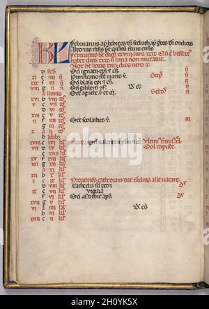 Missale: Fol. 3 v: Februar Kalender Seite, 1469. Bartolommeo Caporali (Italienisch, C. 1420-1503), unterstützt von Giapeco Caporali (Italienisch, d. 1478). Tusche, Tempera und prägepolierte Gold auf Pergament; insgesamt: 35 x 25 cm (13 3/4 x 9 13/16 in.). Stockfoto