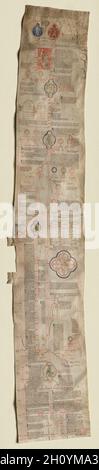 Peter von Poitiers 'Compendium Historiae in Genealogia Christi' (Paar), c. 1220. England, Canterbury, 13. Jahrhundert. Tinte und Tempera auf einer Pergamentrolle mit vier Membranen; Teil 1: 135 x 22.5 cm (53 1/8 x 8 7/8 Zoll). Diese Handschriftenrolle, die aus vier Membranen besteht, die früher in einer ununterbrochenen, etwa neun Fuß langen Rolle zusammengenäht wurden, wurde in der Mitte geteilt, um die Sichtbarkeit und das Studium zu erleichtern. Der Text ist eine Kürzung der biblischen Geschichte, die sich auf die Abstammung Christi von Adam konzentriert. Es wurde von Peter von Poitiers (um 1130–1205) geschrieben, der in Paris Theologie und Geschichte lehrte und weithin Polizist war Stockfoto