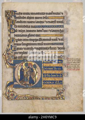 Einzelblatt aus einem Psalter: Initial D[ominus illuminatio mea] mit Samuel Salbung David, c. 1270-1290. Nordöstliches Frankreich, 13. Jahrhundert. Tinte, Tempera und Gold auf Pergament; Blatt: 26.1 x 19.3 cm (10 1/4 x 7 5/8 Zoll). Diese geschichtliche Initiale dient als visueller Hinweis auf Psalm 26, der mit den letzten beiden Zeilen der Seite beginnt: Dominus illuminatio mea (der Herr ist mein Licht). Indem er den Körper der Initiale für einen chromatischen Effekt auf einen blau gediaperten (gemusterten) Hintergrund setzte, beobachtete der Künstler die neueste Mode in der Buchbeleuchtung. Stockfoto