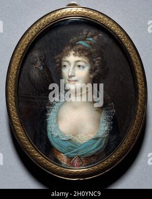 Porträt von Mademoiselle Marie-Anne Adelaide Le Normand, c. 1793. François Dumont (Französisch, 1751-1831). Aquarell auf Elfenbein in einer silbernen vergoldeten Halterung; gerahmt: 8.4 x 6.9 cm (3 5/16 x 2 11/16 Zoll); ungerahmt: 7.3 x 5.8 cm (2 7/8 x 2 5/16 Zoll). Mademoiselle Marie-Anne Adelaide Le Normand, eine berühmte Pariser Wahrsagerin, wurde zwischen 1768 und 1772 im französischen Alençon geboren. Über ihre frühen Jahre ist wenig bekannt, aber 1790 hatte sie bereits eine starke Nachfolge in Paris etabliert. Das Wahrsagen war ein höchst lukratives Feld, vielleicht aufgrund der extremen politischen Unruhen, die Paris in den 1790er Jahren durchdrangen. Al Stockfoto