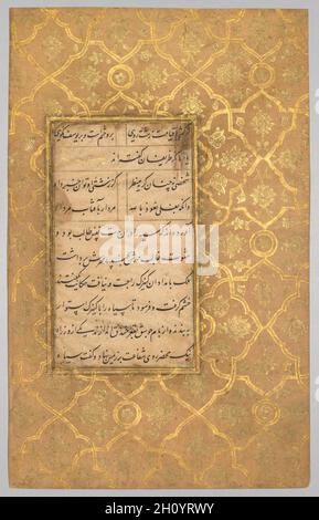 Beleuchtetes Folio (verso) von einem Gulistan (Rosengarten) von Sa'di (c. 1213-1291), c. 1525-30. Kalligraphie von Sultan Ali Mashhadi (Iraner, 1520). Undurchsichtige Aquarelle, Tinte, Gold und Silber auf Papier; insgesamt: 30 x 19 cm (11 13/16 x 7 1/2 Zoll); Textbereich: 16.3 x 9.8 cm (6 7/16 x 3 7/8 Zoll). Das Gulistan, das um 1258 fertiggestellt wurde, ist eines der berühmtesten Werke der persischen Literatur. Der Name des Buches bedeutet im Persischen „Rosengarten“; so wie ein Rosengarten eine Sammlung von Blumen ist, so sind die Inhalte eine Sammlung von Anekdoten. Geschrieben in Prosa und Vers, wurde die Gulistan seit Jahrhunderten als ein verwendet Stockfoto