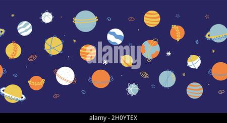 Planeten Weltraum nahtlose Vektorgrenze. Galaxy wiederholender Hintergrund. Niedliche kindliche Planeten Illustration Banner. Science Kids Design für Fußzeile Stock Vektor