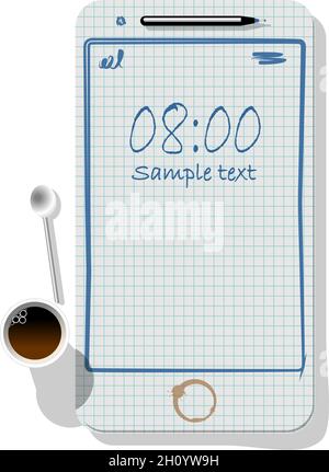 Smartphone-Metapher für verschiedene Werbekonzepte mit Notizblock, Stift, einer Papiertasse Kaffee Stock Vektor