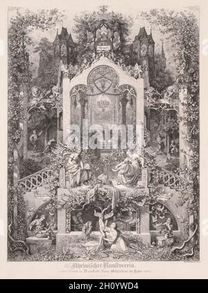 Cinderella, 1847. Eugen Napoleon Neureuther (Deutsch, 1806-1862), Wendelin Wick (Deutsch, aktiv 1842-1853). Radierung auf Stahl auf webtem Papier; Platte: 72 x 54 cm (28 3/8 x 21 1/4 Zoll); Blatt: 80 x 63 cm (31 1/2 x 24 13/16 Zoll). Das Märchen Cinderella erzählt von einer vernachlässigten Dienerin, die sich mit Hilfe einer Fee auf einen Ball setzt und sich in einen Prinzen verliebt. Der Prinz findet seine wahre Liebe, indem er einen gläsernen Schuh auf ihren Fuß passt. Eugen Neureuther fertigte diese aufwendige Radierung an, die mehrere Szenen aus der Geschichte während einer Wiederbelebung des Interesses an Volksmärchen in Deutschland im frühen 19. Jahrhundert darstellt Stockfoto