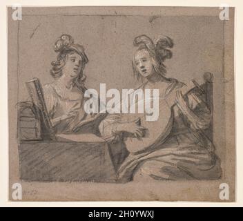 Musikszene, 1625-55. Gerrit van Honthorst (Niederländisch, 1590-1656). Schwarze Tinte über Stift und braune Tinte und schwarze Kreide über Graphit auf grau-braunem Papier mit weißer Aufhellung, eingeschnitten; Blatt: 17.3 x 20.4 cm (6 13/16 x 8 1/16 Zoll). Der Utrecht-Künstler Gerrit van Honthorst war international als Porträtmaler bekannt, aber er erwarb sich auch einen Ruf als Maler rauschhafter Musikszenen und Partys. Diese Zeichnung war einst Teil eines Albums kompositorischer Typen, das der Künstler potenziellen Mäzenen zeigte. Obwohl das fröhliche Thema eines Mannes und einer Frau, die ein Lied teilen, unschuldig erscheint, so un Stockfoto