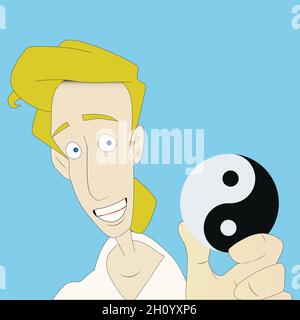 Junger blonder Mann mit flachem Yin-Yang-Symbol Stock Vektor