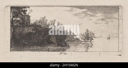 Cottage auf einem Rocky Promentory entlang eines Flusses. Antoine de Marcenay de Ghuy (Französisch, 1724-1811). Ätzen; Stockfoto