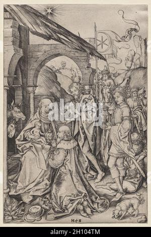 Anbetung der Könige, 1482. Martin Schongauer (deutsch, ca. 1450-1491). Gravur; der Druck gehört zu einem Satz von vier Stichen, die als unvollständige Serie von Episoden aus dem Leben der Jungfrau angesehen werden, zu denen auch die Geburt Christi (1939.448), die Flucht nach Ägypten (1954.260) und der Tod der Jungfrau (1956.744) gehören. Hier schilderte Martin Schongauer den Besuch der drei Könige und ihr langes Gefolge als Zeugen der wunderbaren Geburt Jesu Christi, wie sie im biblischen Matthäus-Buch beschrieben wird. Die Jungfrau Maria sitzt vor dem Eingang eines Stalls, der aus den Ruinen eines b besteht Stockfoto