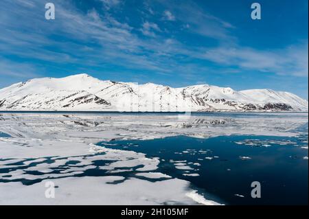 Eis schwimmt auf arktischen Gewässern vor dem Monaco Glacier. Monaco Glacier, Spitzbergen Island, Svalbard, Norwegen. Stockfoto