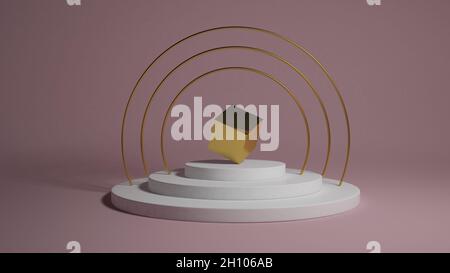 Abstrakter Goldwürfel auf der Luxus-Bühne. Plattform 3d Rendern Podium auf rosa Hintergrund in 3d-Stil. Kosmetischer Hintergrund Podium. Plattformstudio Stockfoto