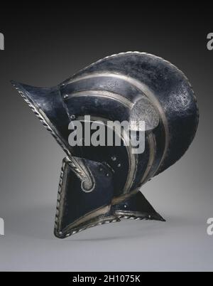 Schwarz und Weiß (Burgonet des Civic Guard von Bologna), C. 1580-1600. Italien, Ende des 16. Jahrhunderts. Stahl mit schwarzer Farbe; gesamt: 31,8 x 35,6 x 19 cm (12 1/2 x 14 x 7 1/2 in.). Stockfoto