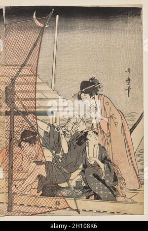 NET Fishing in der Nacht auf dem Sumida River, c. 1800. Kitagawa Utamaro (Japanisch, 1753?-1806). Farbholzschnitt; Blatt: 38.4 x 25.4 cm (15 1/8 x 10 Zoll). Das abendliche Bootfahren auf dem Sumida River, um der Sommerhitze zu entkommen, war für die Bewohner von Edo etwa genauso beliebt wie das Betrachten der Kirschblüten im Frühling. Der Fluss führte auch den Weg zum Yoshiwara, dem lizenzierten Bordellbezirk. Eine Bootsparty mit Kurtisanen und Herren steht neben einem Fischerboot. Utamaro genoss es, eine Szene durch das Design eines Fischerei- oder Moskitonetzes zu porträtieren. Die verschiedenen Farben des Netzes deuten auf die hin Stockfoto