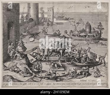 St. Martin mit seinem Pferd auf einem Schiff, c. 1561. Johannes i van Doetecum (d. 1605), Lucas van Doetecum (aktiv 1554-1572), nach Hieronymus Bosch (Niederländisch, 1440-1516). Radierung auf Büttenpapier; Platte: 33.8 x 42.7 cm (13 5/16 x 16 13/16 Zoll). Während des 16. Jahrhunderts, November 11 brachte das Fest des heiligen Martin in Nordeuropa, begleitet von ausgelassenen Partys und trinken “St. Martins Wein.“ Dieses Bild zeigt ein solches Fest, das schief gegangen ist, mit den Sünden der Völlerei, Gier und Faulheit auf ganzer Anzeige unter der Menge der Bettler und Teufel, die für ihre Chance am Wein kämpfen, oder für Nein Stockfoto