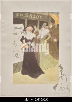 Sagot's Gallery, 1898. Georges Alfred Bottini (Französisch, 1874-1907), Edmond D. Sagot. Farblithographie; Blatt: 37.7 x 27.7 cm (14 13/16 x 10 7/8 Zoll); Bild: 31.5 x 22.8 cm (12 3/8 x 9 Zoll). In den 1890er Jahren gab es in Paris ein revidiertes Interesse an der Farblithographie. Ursprünglich als kommerzielle Kunstform betrachtet, wurde das Medium von einer wachsenden Anzahl von Grafikern als Mittel formaler Experimente aufgegriffen. Dieser Druck von Georges Bottini zeigt den Laden von Edmond Sagot, einem führenden Händler von Farblithographien im späten 19. Und frühen 20. Jahrhundert. Eine Menge von modisch gekleideten jungen Frauen ga Stockfoto