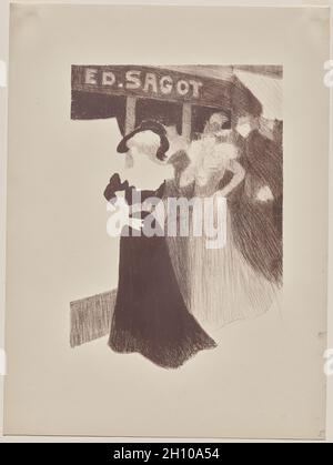 Sagot's Gallery, 1898. Georges Alfred Bottini (Französisch, 1874-1907). Farbseparation in Schwarz; Blatt: 37.7 x 28.1 cm (14 13/16 x 11 1/16 Zoll); Bild: 26.6 x 18.5 cm (10 1/2 x 7 5/16 Zoll). In den 1890er Jahren gab es in Paris ein revidiertes Interesse an der Farblithographie. Ursprünglich als kommerzielle Kunstform betrachtet, wurde das Medium von einer wachsenden Anzahl von Grafikern als Mittel formaler Experimente aufgegriffen. Dieser Druck von Georges Bottini zeigt den Laden von Edmond Sagot, einem führenden Händler von Farblithographien im späten 19. Und frühen 20. Jahrhundert. Eine Menge modisch gekleideter junger Wome Stockfoto