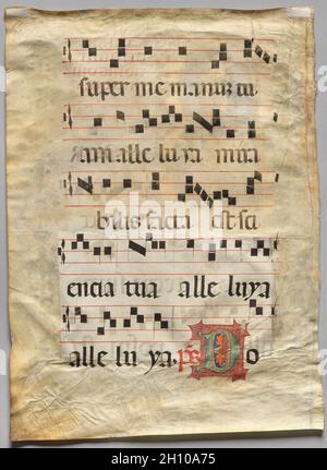 Blatt aus einem graduellen: Historisiertes Initial R: Initiales D (verso), Mitte des 1300er-Jahrhunderts. Italien, Neapel. Tinte, Tempera und Gold auf Pergament; Blatt: 55 x 40 cm (21 5/8 x 15 3/4 Zoll). Dieses Blatt wurde aus einem graduellen, großen Band mit Liedern für die Messe entnommen. Dieses einzelne Blatt zeigt die Einführungspassage zum Ostersonntag. Das anfängliche R ist gefüllt mit der Darstellung der Auferstehung Christi. Die Darstellung des Heiligen Franziskus von Assisi in der Blumendekoration weist auf einen Ursprung aus einem Franziskanerkloster hin. Aufgrund der großen Pest waren die Bettelorden, zu denen die Franziskaner gehörten, die Stockfoto