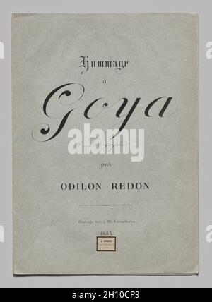 Hommage an Goya: Cover, 1885. Odilon Redon (französisch, 1840-1916), gedruckt bei Lemercier & Cie.. Lithographie auf China-Papier, das auf Wovenpapier gelegt wird; Bild: 29.1 x 23.9 cm (11 7/16 x 9 7/16 Zoll). Diese Serie ist eine von vielen, die Odilon Redon im Laufe seiner Karriere geschaffen hat. Fast zwei Drittel seiner Lithographien nahmen die Form von Mappen an – Drucke, die konzeptuell durch ein Thema oder eine Erzählung und physisch durch eine Mappe oder Bindung verbunden waren. Solche Werke wurden oft im Laufe der Zeit verstreut, aber Cleveland hatte das Glück, in den 1920er Jahren mehrere komplette Sets mit ihren Originalcovern zu erwerben. Aus Redons frühen Erfahrungen Stockfoto