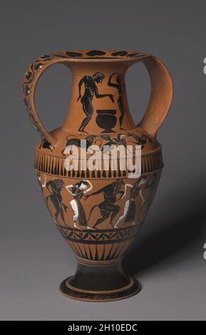 Schwarzfigur Nikosthenische Amphora (Speichergefäß): Tanzende Jugendliche; Sphinxes und Löwen; Satyrs und Maenads, c. 530–510 V. CHR. Signiert von Nikosthenes (griechisch, attisch, aktiv c. 545-510 v. Chr.), zugeschrieben Maler N, Thiasos Group (Griechisch, c. 530-510 V. CHR.). Keramik; Durchmesser: 16.9 cm (6 5/8 Zoll); Gesamt: 31.1 cm (12 1/4 Zoll); Felgendurchmesser: 13.3 cm (5 1/4 Zoll); Fußdurchmesser: 10.7 cm (4 3/16 Zoll). Stockfoto