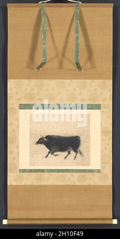 Swift Bull von den zehn Swift Bulls, Ende 1200-Anfang 1300. Japan, Kamakura-Zeit (1185-1333). Abschnitt einer Handrolle, montiert als hängende Schriftrolle; Tinte und leichte Farbe auf Papier; insgesamt: 27.1 x 31.9 cm (10 11/16 x 12 9/16 Zoll). Stockfoto