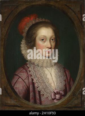 Porträt einer Frau, die möglicherweise Elizabeth Boothby, 1619. Cornelis Jonson (genannt Jonson van Ceulen) (British, 1593-1661). Öl auf Holz; gerahmt: 93,5 x 78 x 5 cm (36 13/16 x 30 11/16 x 1 15/16 in.); ohne Rahmen: 65,7 x 56 cm (25 7/8 x 22 1/16 in.). Stockfoto