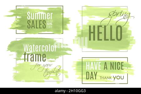 Färben Sie die Farbe ab. Grüne Rahmen. Abstrakter Grunge-Rand. Handgezeichnetes Spray-Set. Verschmutzte Farbe verschmieren. Stock Vektor