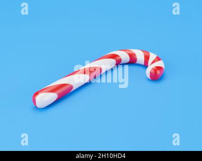 Frohe Weihnachten Stöcke, Lutscher Minze Süßigkeiten mit roten Streifen auf blauem Hintergrund. Konzept für die Feier zum neuen Jahr. Traditionelles süßes Dessert. 3d-Rendering Stockfoto