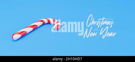 Frohe Weihnachten Stöcke, Lutscher Minze Süßigkeiten mit roten Streifen auf blauem Hintergrund. Konzept für die Feier zum neuen Jahr. Traditionelles süßes Dessert. 3d-Rendering Stockfoto