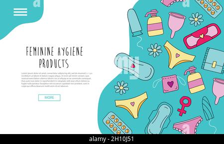 Handgezeichnete Landing Page mit femininen Hygieneprodukten mit bunten Elementen, Konzept des Frauenschutzes während der Periode, Banner für kritische Tage. Stock Vektor