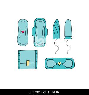 Feminine Hygiene - hygienische Serviette und Tampon. Set von handgezeichneten femininen Hygieneprodukten auf Weiß. Cartoon-Stil Stock Vektor