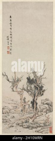 Alte Bäume von einem winterlichen Bach, 1551. Wen Zhengming (Chinesisch, 1470-1559). Hängerolle, Tusche und Farbe auf Papier; Bild: 114,3 x 47 cm (45 x 18 1/2 in.). Stockfoto