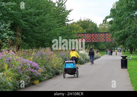 Burgess Park, Peckham, London, Großbritannien. Ein Radfahrer mit Kinderfahrradanhänger nutzt den Weg entlang der alten Surrey Canal Route. Stockfoto