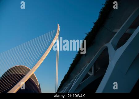 L'Àgora-Gebäude (2009), Assut de l'Or-Brücke (2008) und Museu de les Ciències Príncipe-Steinegg (2000). Stadt der Künste und Wissenschaften. Entworfen von Santiago Stockfoto