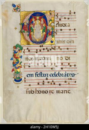 Blatt von einer Allmählichen mit Historisierte Initiale (G): Maria als Königin des Himmels, C. 1425-1450. Italien, Lombardei, Mailand?, 15. Tusche, Tempera und Gold auf Pergament; Blatt: 42 x 30 cm (16 9/16 x 11 13/16 in.). Stockfoto