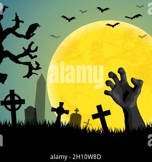 zombie Hand vor Vollmond mit beängstigenden bebilderten Friedhofselementen für Halloween Hintergrundlayouts Stock Vektor