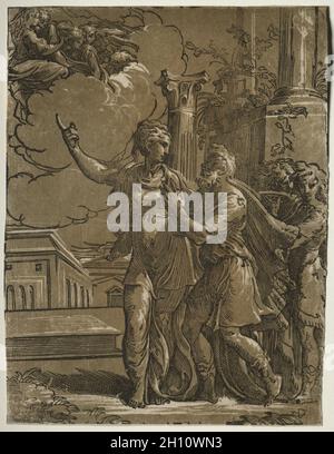 Tiburtine Sibyl und der Kaiser Augustus, c. 1527–30/31. Nach Parmigianino (italienisch, 1503-1540), Antonio da Trento (italienisch, c. 1508-c. L 1550, S. Chiaroscuro-Holzschnitt (braun-grün und schwarz); Blatt: 34.1 x 25.9 cm (13 7/16 x 10 3/16 Zoll). Stockfoto