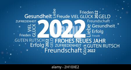 eps-Vektordatei mit Word Cloud mit Neujahrsgrüße 2022 und blauem Hintergrund Stock Vektor