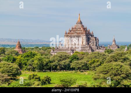 Skyline der Bagan Tempel, Myanmar. Thatbyinnyu Tempel auf der rechten Seite. Stockfoto