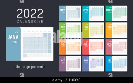 Jahr 2022 farbenfroher minimalistischer Monatskalender, in französischer Sprache, auf schwarzem Hintergrund. Die Woche beginnt am Montag. Vektorvorlage. Stock Vektor