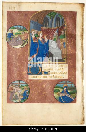 Blatt aus dem Stundenbuch: Präsentation im Tempel mit Rundungen des Losgießens, der Ablegung und Pietà (Keine, Amt der Jungfrau), c. 1460-70. Nachfolger des Meisters der Adélaïde de Savoie (Französisch, aktiv c. 1450-70). Tusche, Tempera und Gold auf Pergament; jedes Blatt: 11.2 x 9 cm (4 7/16 x 3 9/16 Zoll). Stockfoto