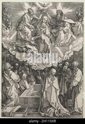 Das Leben der Jungfrau: Die Himmelfahrt und Krönung der Jungfrau, 1510. Albrecht Dürer (Deutsch, 1471-1528). Holzschnitt; Plattenmark: 29 x 20.6 cm (11 7/16 x 8 1/8 Zoll); Papier: 29 x 20.6 cm (11 7/16 x 8 1/8 Zoll). Stockfoto