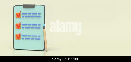 Minimale Checkliste in einer Zwischenablage. Checkmarks auf einer Aufgabenliste, Umfrage. Notizblock mit gefüllten Checkboxen und einem Bleistift auf gelbem Hintergrund, Leerzeichen, Banner. Stockfoto